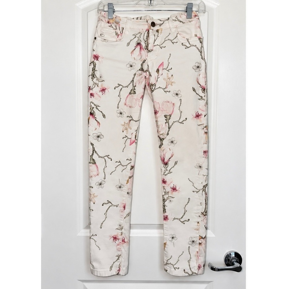 Redial Premium Denim Floral Magnolia Print Skinny Jeans Cream Pink Size M 38
